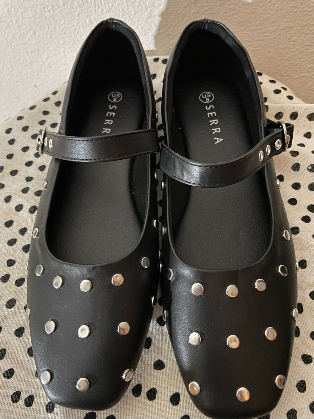 Serra Black Mary Jane Flats with Silver Stud Accents